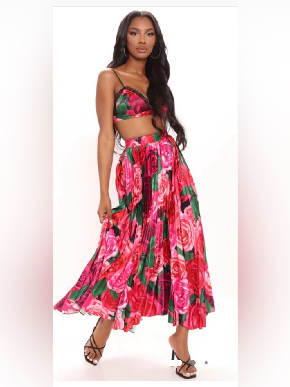 Fashion Nova Rose-Print Pleated Maxi Skirt in Pink & Green